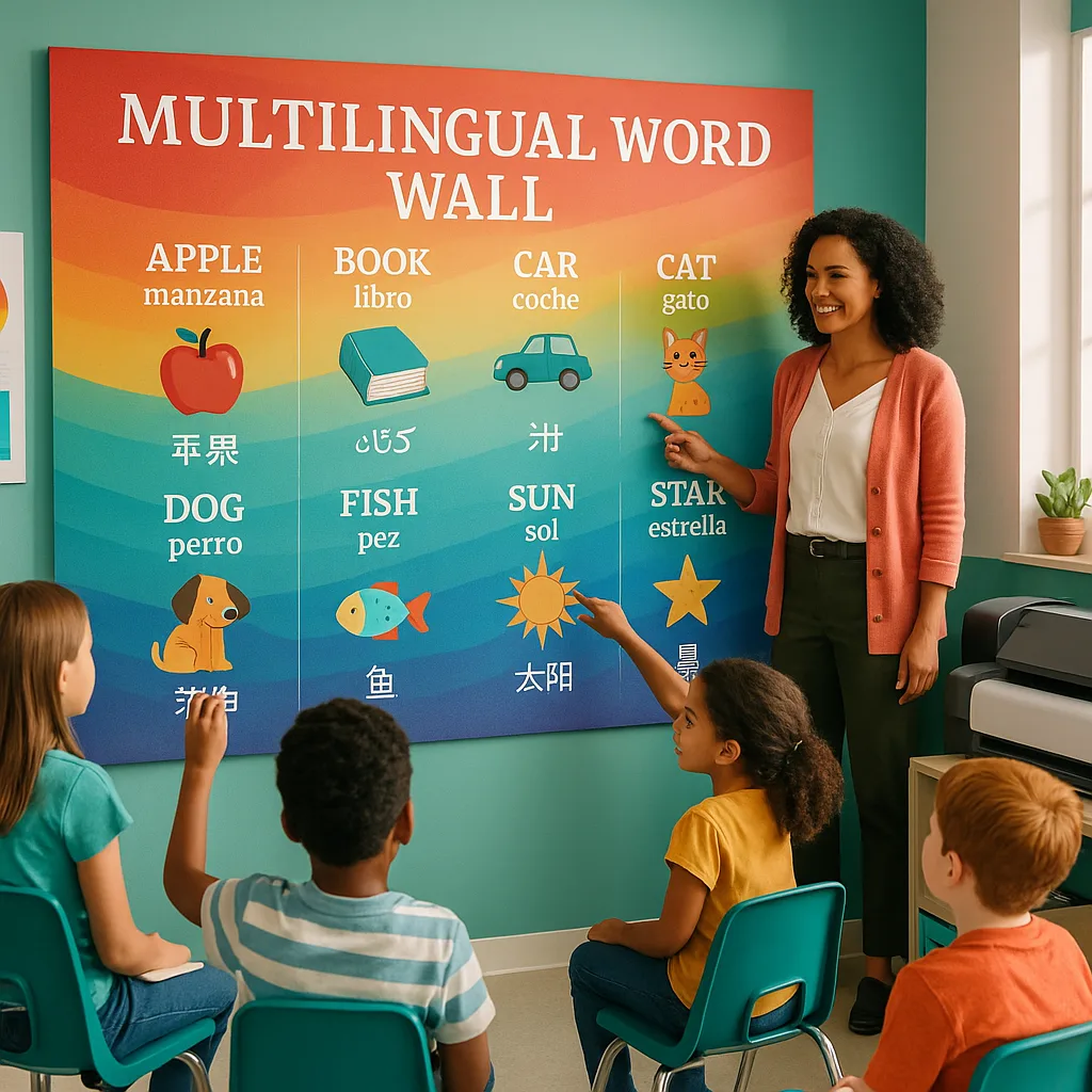 A vibrant, classroom scene a teacher and diverse students interacting a large, colorful multilingual word wall. The wall displays vocabulary in English, Spanish, Arabic, and Mandarin corresponding