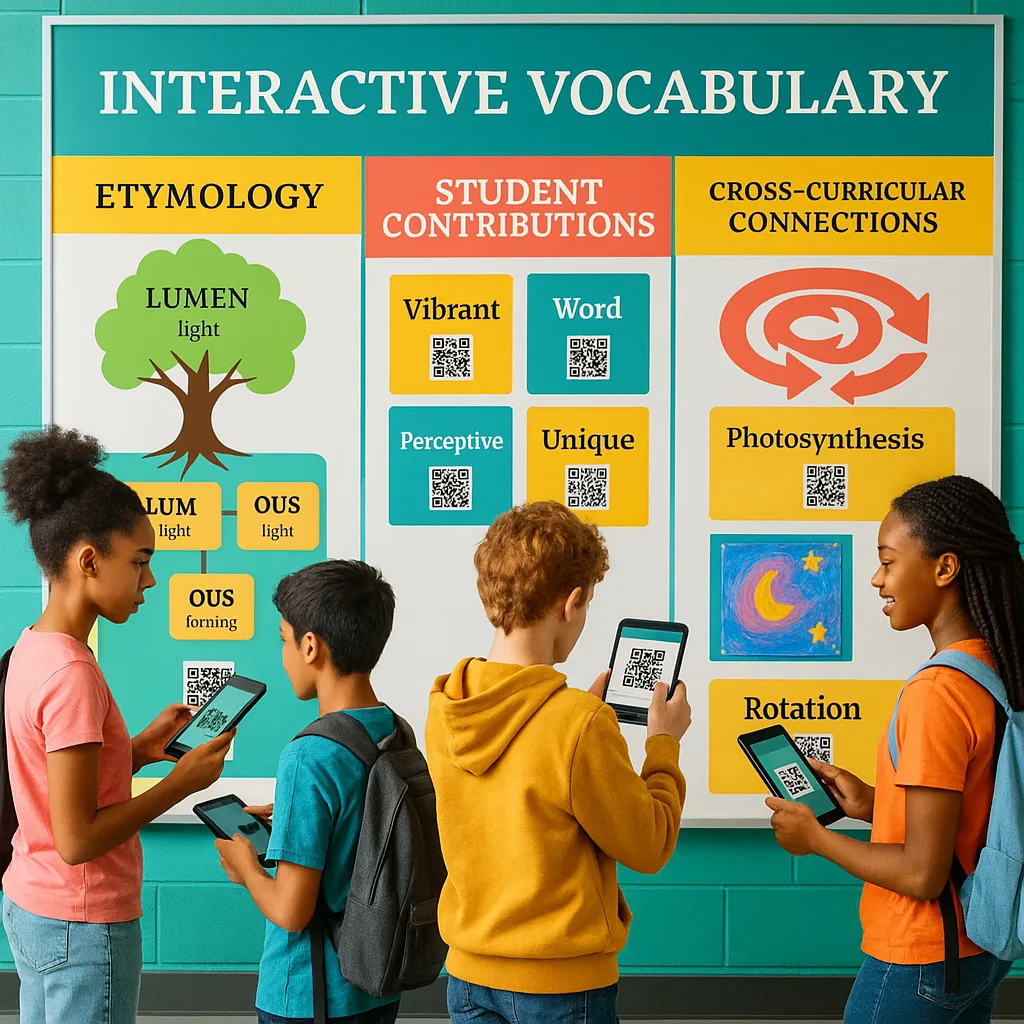 A vibrant, middle school classroom wall a large interactive vocabulary display colorful word cards, QR codes, student artwork, and digital tablets. The poster shows organized zones etymology