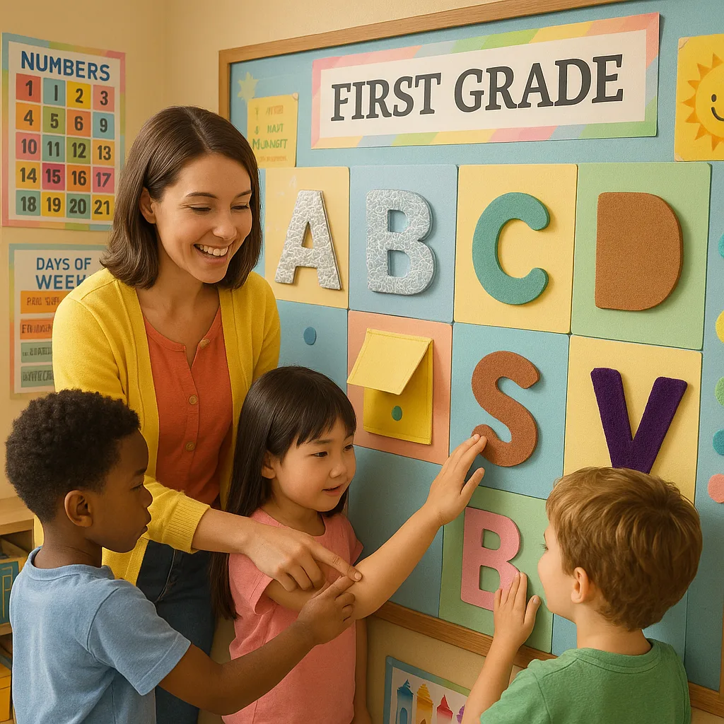 A bright, colorful classroom scene a first-grade teacher and three diverse 6-year-old students interacting a large alphabet wall. The wall features textured 3D letters - 'A' covered in aluminum