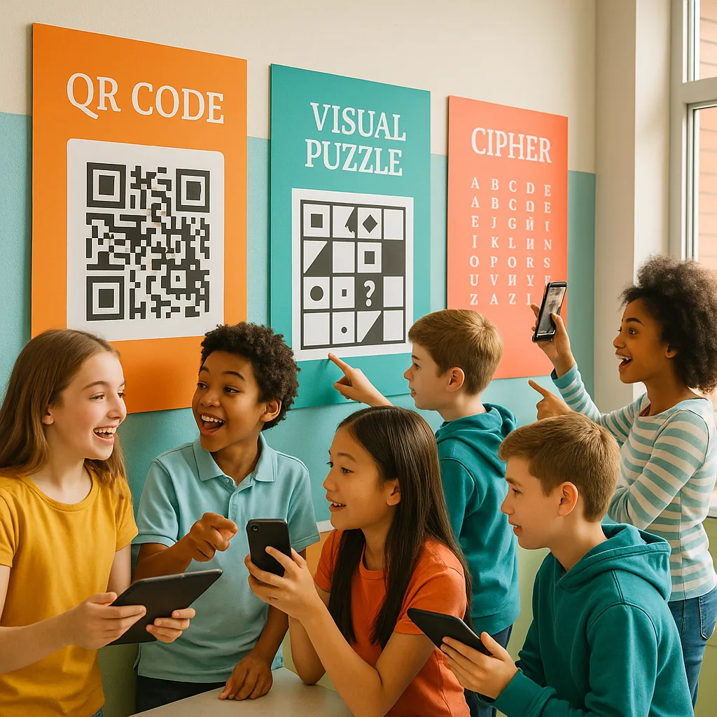 A vibrant, classroom scene middle school students enthusiastically working together around large colorful posters mounted on walls. The posters display QR codes, visual puzzles, and cipher