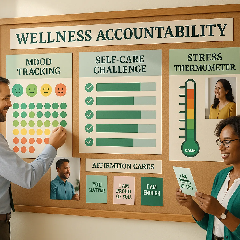 A bright, uplifting image of a colorful wellness accountability wall in a school setting. Show a large bulletin board sections for mood tracking (colored circles or emoticons), self-care
