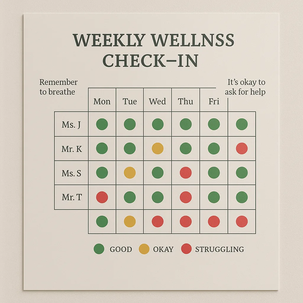 Design a close-up view of a weekly wellness check-in grid poster. Show a clean, organized chart teacher names (use initials like “Ms. J”, “Mr. K”) on the left and days of the week across the top. Colorful wellness tracking board with mood check-ins and self-care challenges