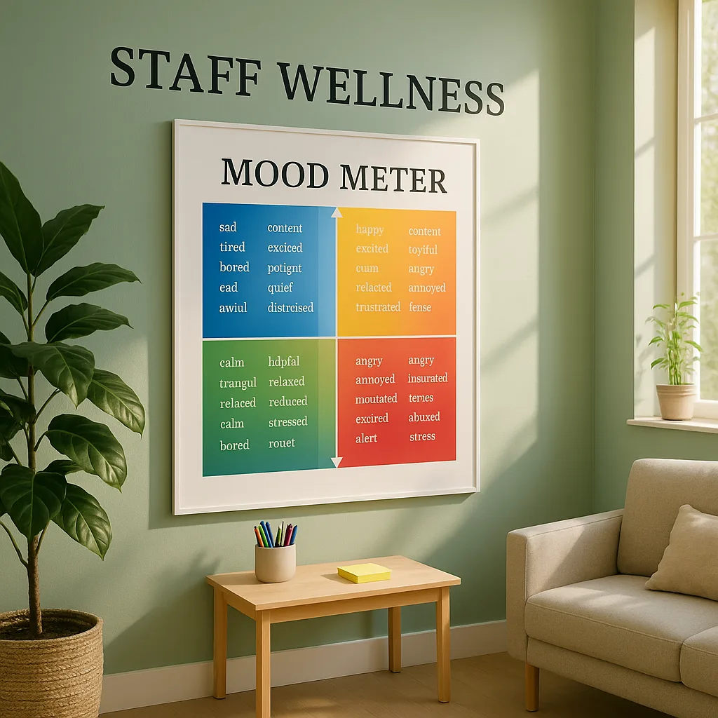 A serene, professionally designed staff wellness area a large, colorful mood meter poster on a soft green wall, natural plants nearby and morning sunlight streaming through a window. The mood