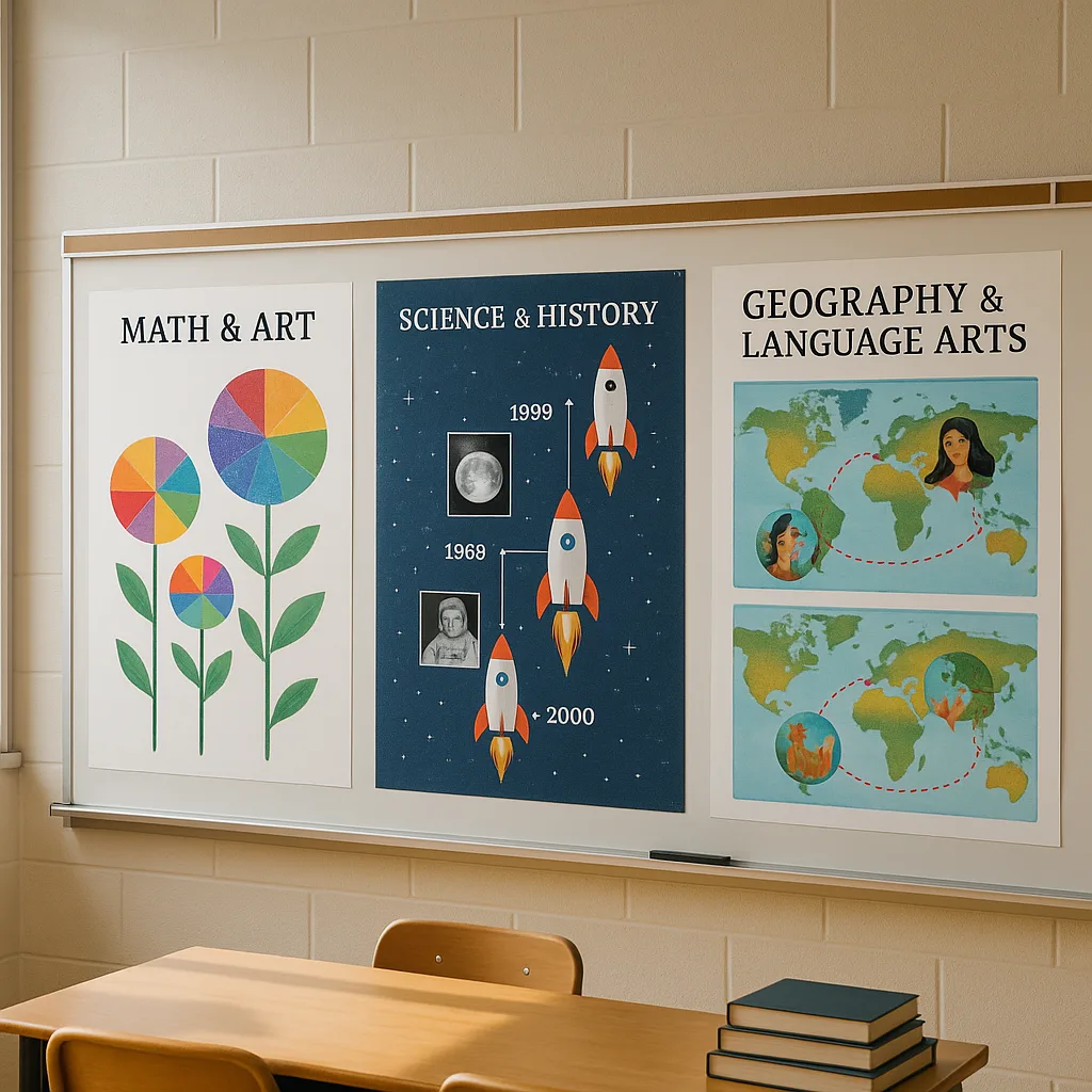 An inspiring classroom scene a wall display of student-created cross-curricular posters. Show 4-5 large format posters (24×36 inches) that clearly demonstrate subject integration: one math-art An inspiring classroom scene a wall display of student-created cross-curricular posters. Show 4-5 large format posters (24x36 inches) that clearly demonstrate subject integration: one math-art