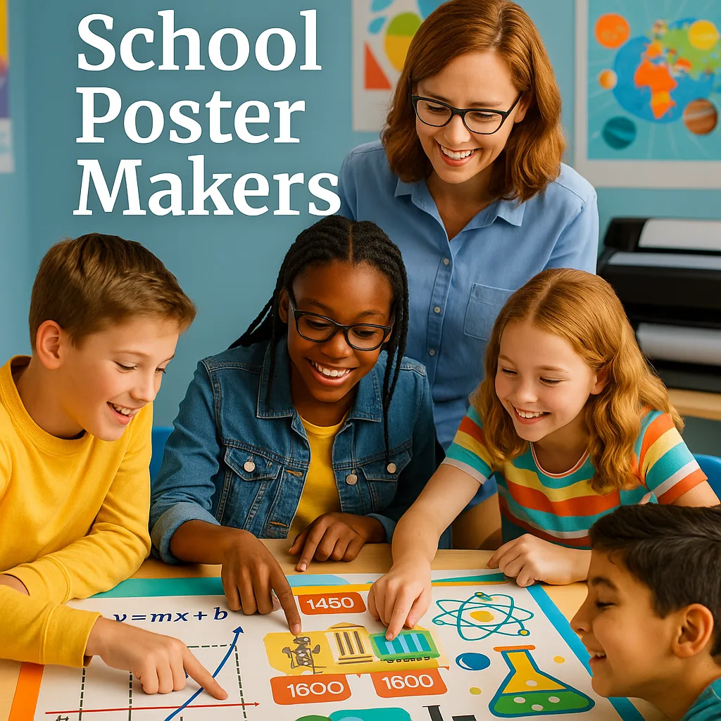 A vibrant, photograph diverse students (ages 10-14) collaborating around a large colorful poster that combines mathematical graphs, historical timeline elements, and scientific diagrams. The