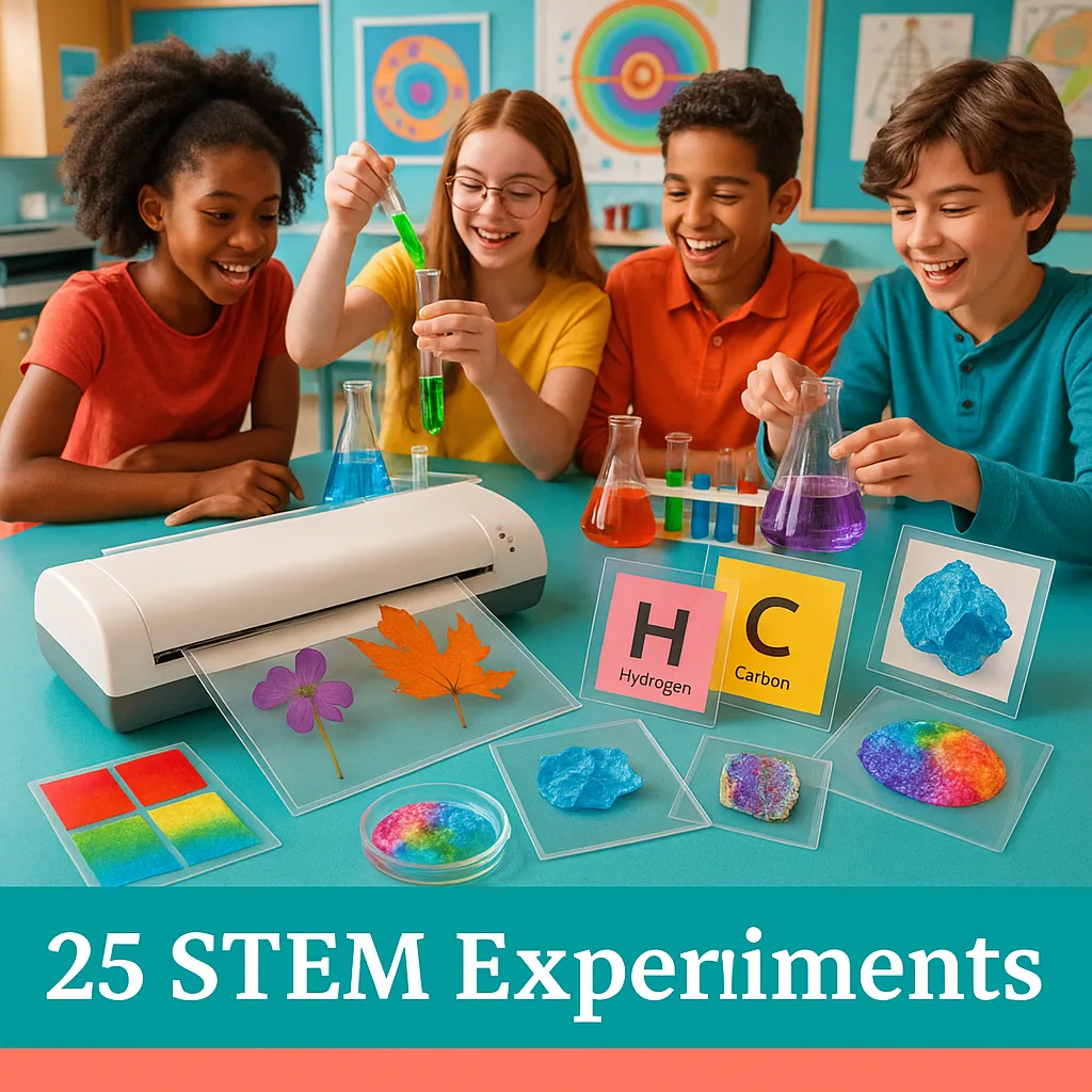 A bright, engaging classroom scene a laminator on a science lab table surrounded by colorful STEM experiment materials. Include preserved botanical specimens, laminated periodic table cards,