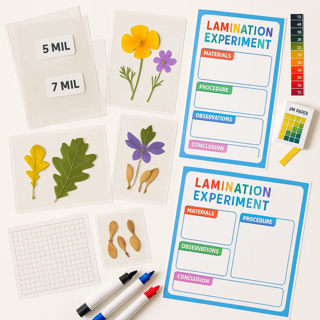 A flat-lay photograph of lamination experiment supplies arranged on a white surface. Include different thicknesses of laminating pouches, botanical specimens (leaves, flowers, seeds), scientific A flat-lay photograph of lamination experiment supplies arranged on a white surface. Include different thicknesses of laminating pouches, botanical specimens (leaves, flowers, seeds), scientific