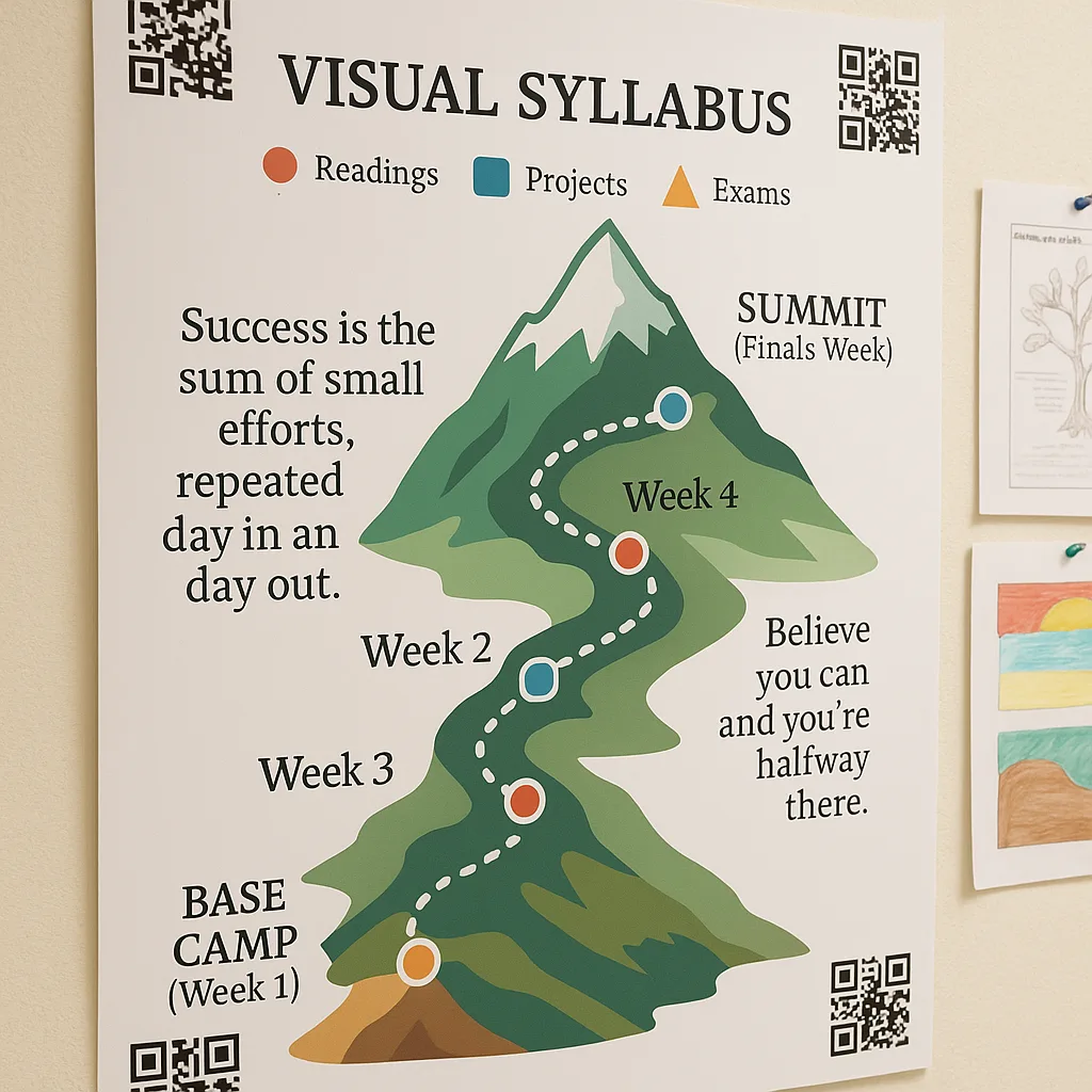 Close-up shot of a visual syllabus poster design elements. The poster features a creative timeline designed as a mountain climbing journey from “Base Camp (Week 1)” to “Summit (Finals Week)”. Close-up shot of a visual syllabus poster design elements. The poster features a creative timeline designed as a mountain climbing journey from "Base Camp (Week 1)" to "Summit (Finals Week)".