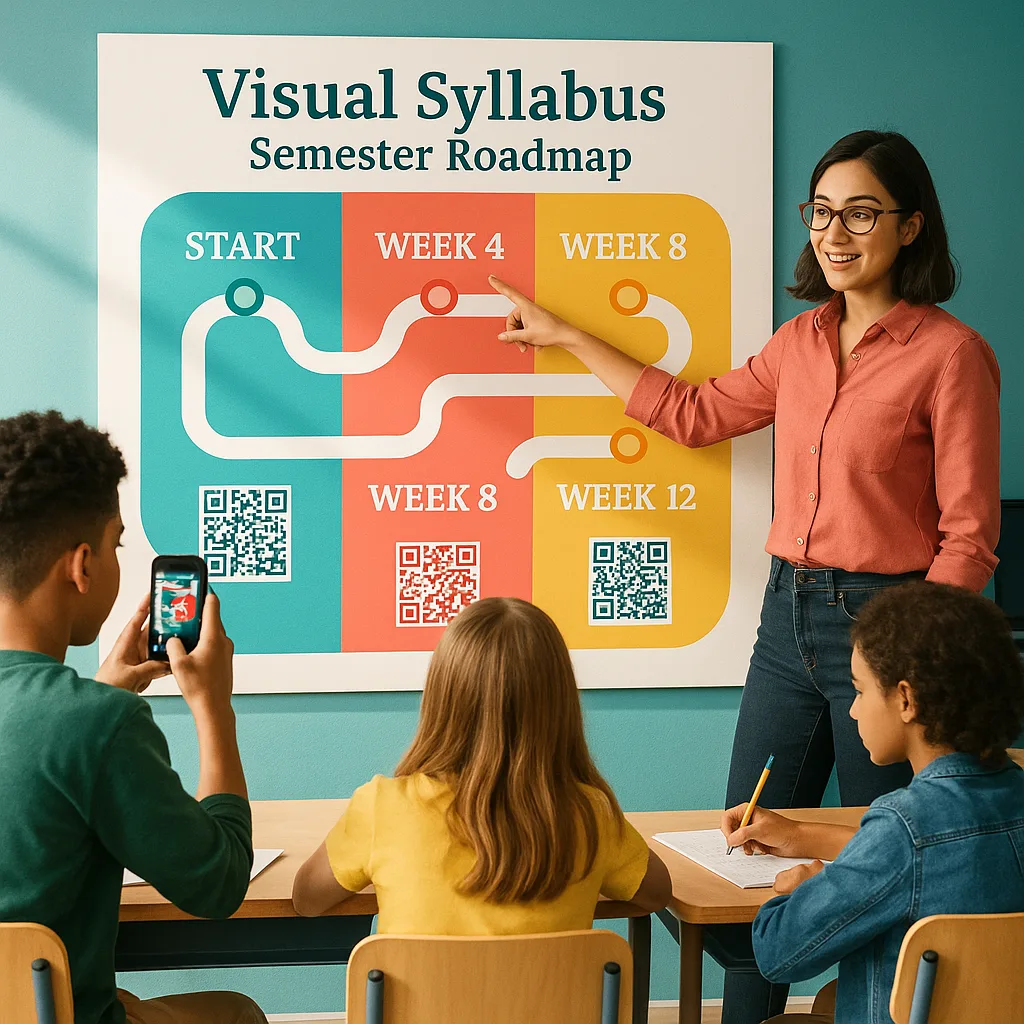 A vibrant, classroom scene a teacher pointing to a large, colorful visual syllabus poster on the wall. The poster should display a semester roadmap a winding path design, milestone markers,