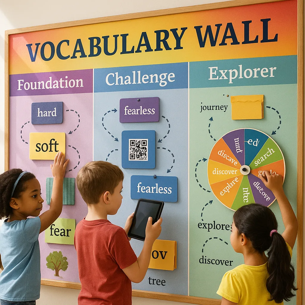 A bright, cheerful classroom scene using Merriweather font an interactive vocabulary wall multiple colorful poster sections. Include tactile elements like fabric swatches, sandpaper letters, and