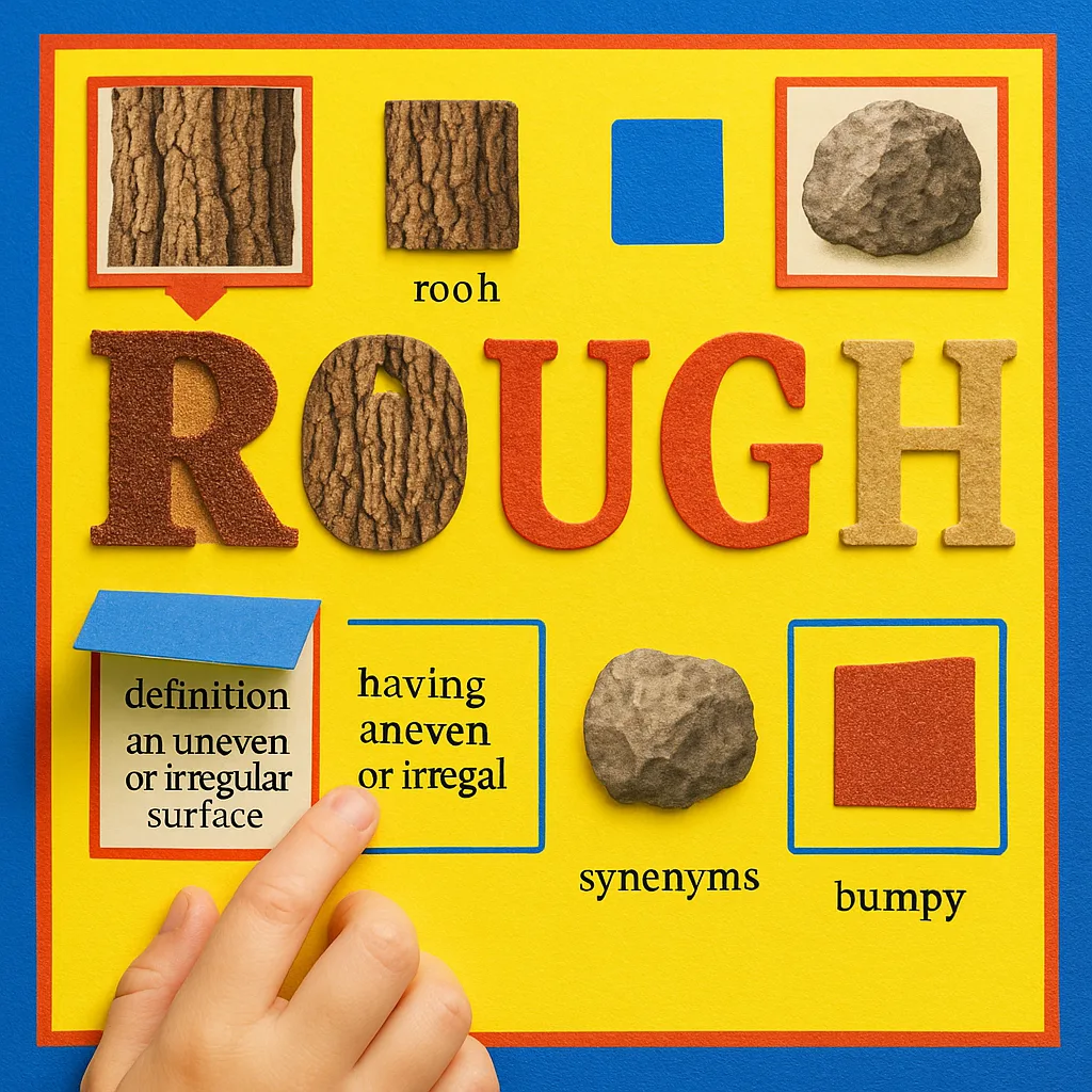 Design a close-up view of a multi-sensory vocabulary poster using Merriweather font for the word "ROUGH" large letters. The letter R should be covered in actual sandpaper texture, while other