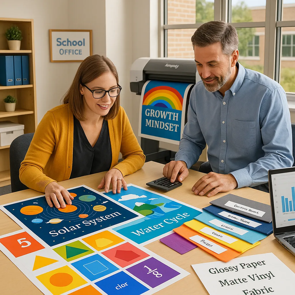 A bright, school office a teacher and administrator reviewing colorful poster samples spread across a desk. In the background, show an Amplify Poster Maker producing a educational poster. Include