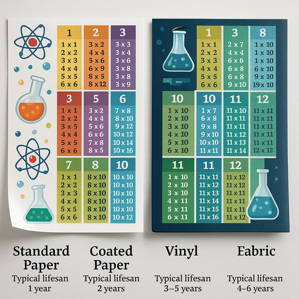 A close-up comparison shot four different poster materials side by side - standard paper (slightly curled at edges), coated paper (smooth and flat), vinyl (thick and glossy), and fabric