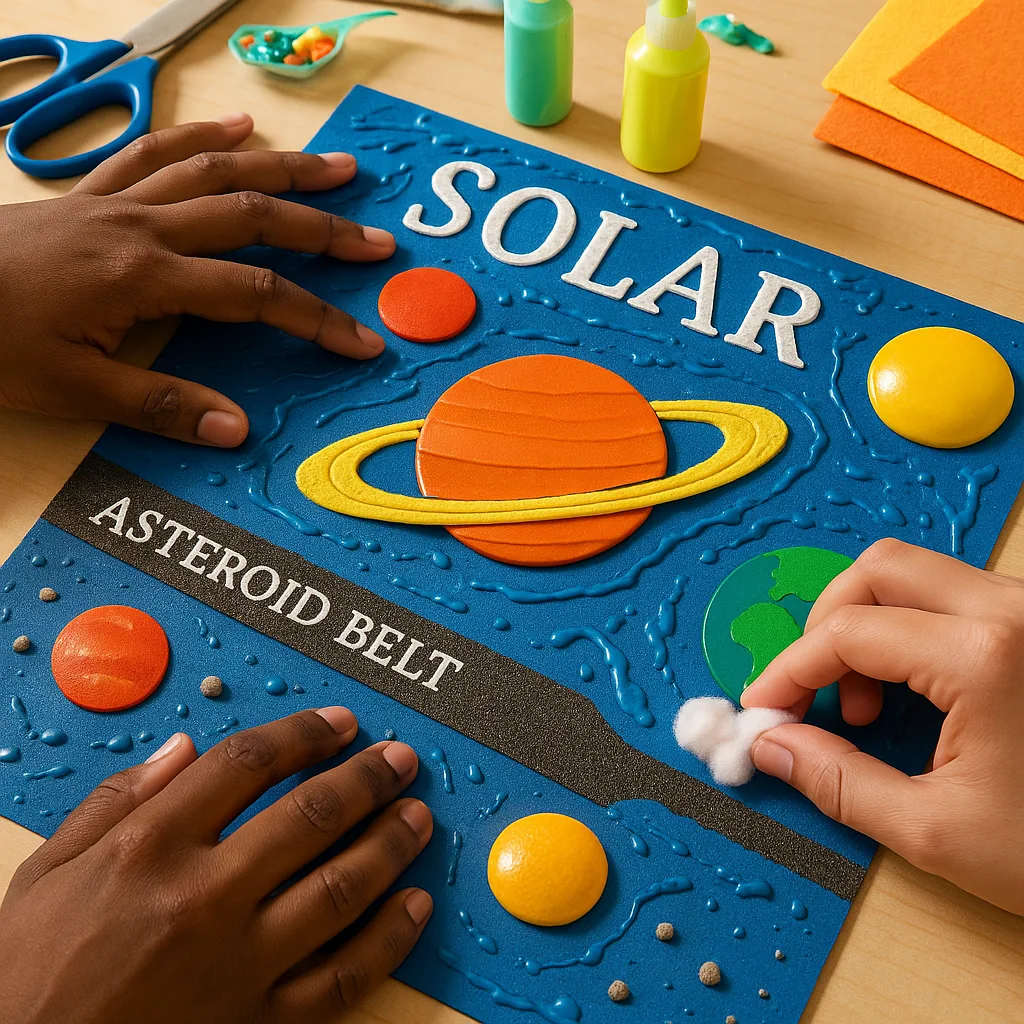 Close-up photograph of hands creating a textured poster display, the process of adding puffy paint, textured papers, and fabric elements to a base poster about the solar system. Include various