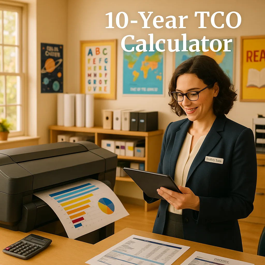 A bright, classroom or school office setting a poster printer machine in the foreground. The scene shows a female administrator (representing Dr. Emily Carter) reviewing financial documents and