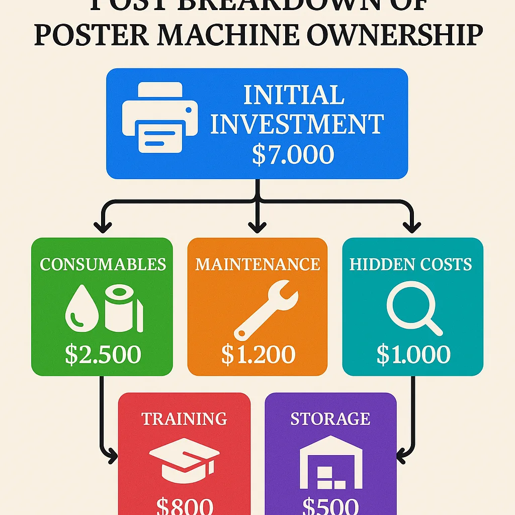An infographic-style illustration the complete cost breakdown of poster machine ownership. Create a visual flowchart colorful boxes and icons representing different cost categories: Initial