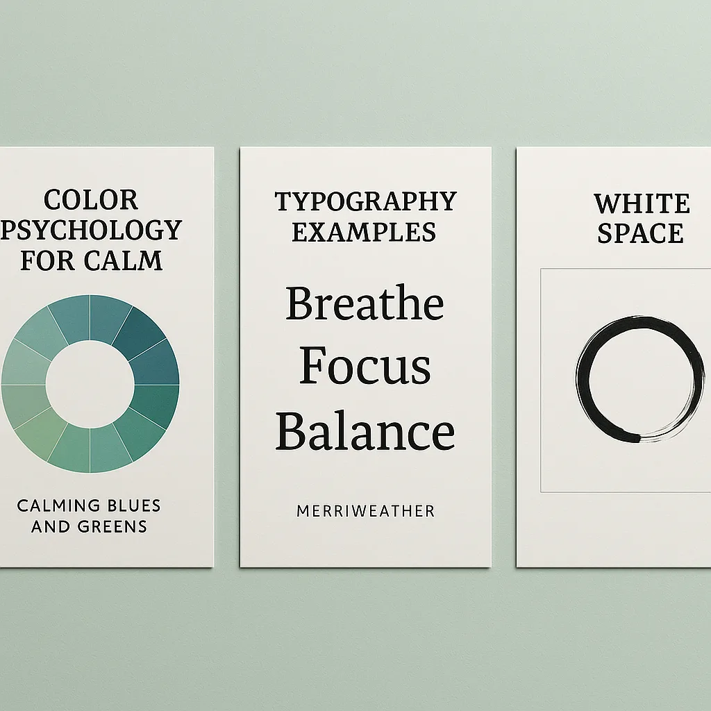 Design a close-up view of three wellness poster templates displayed on a soft mint green wall. The first poster shows a circular color wheel calming blues and greens labeled “Color Psychology for Wellness poster design elements showing color psychology and typography
