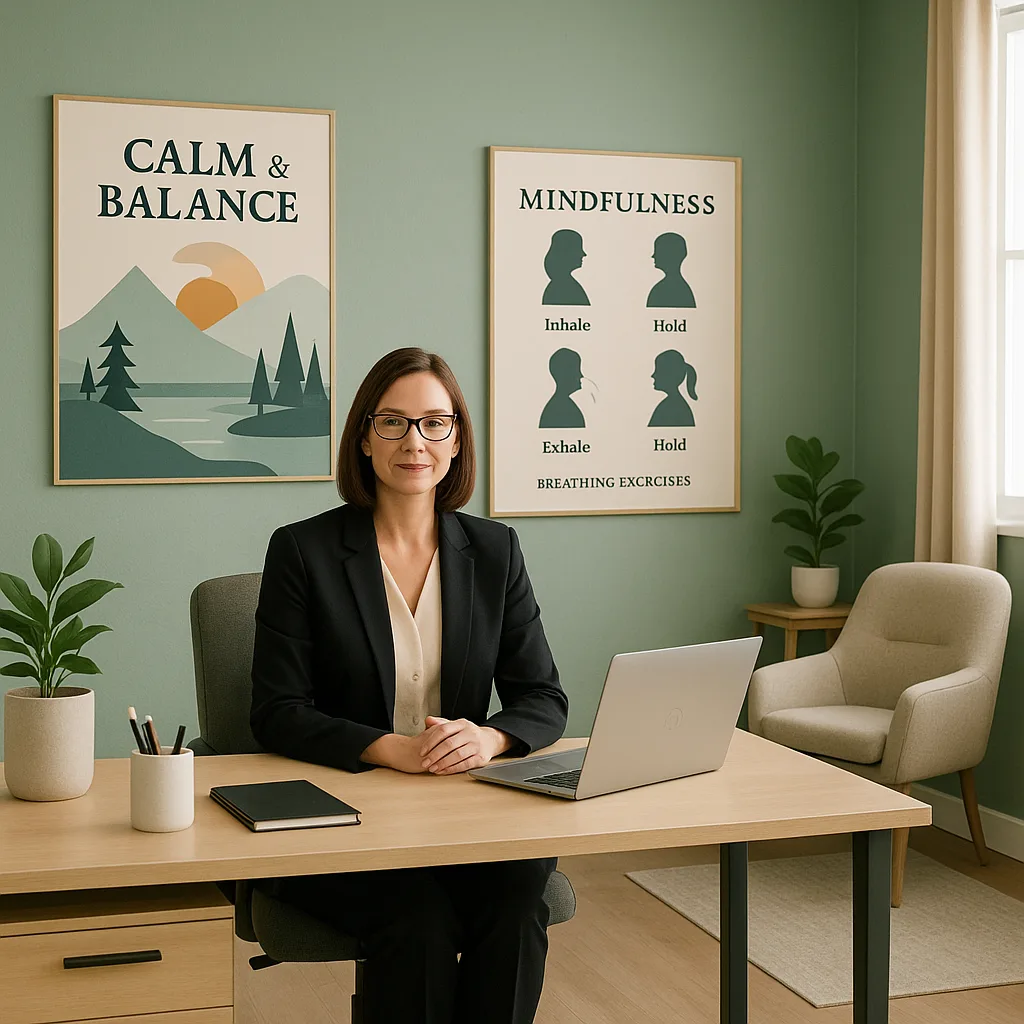 A serene, school administrator's office a female principal in attire sitting at a desk, calming nature-inspired poster designs visible on sage green walls. Include a mindfulness corner a