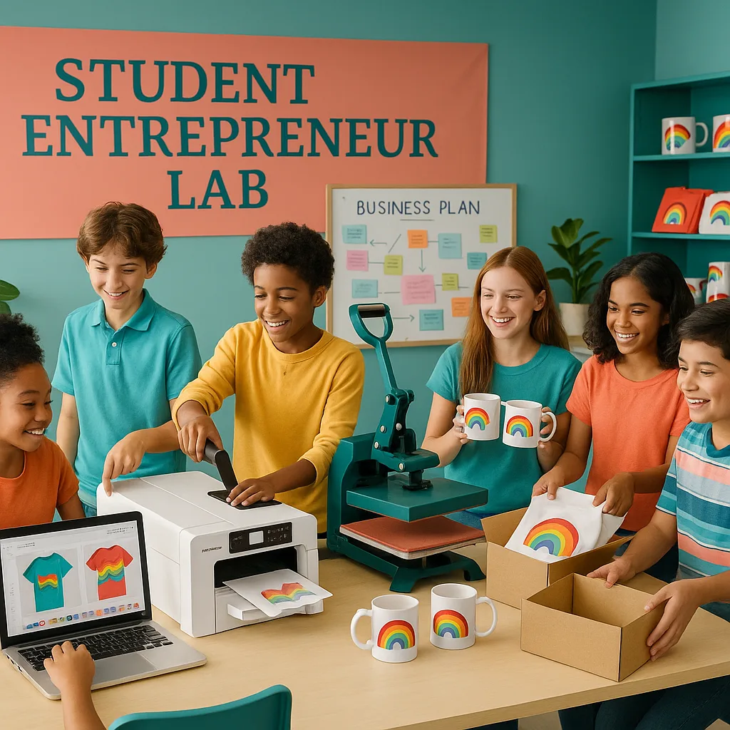 A vibrant, energetic classroom scene diverse middle school students working enthusiastically around sublimation printing equipment. Show students in different roles - some designing on computers,