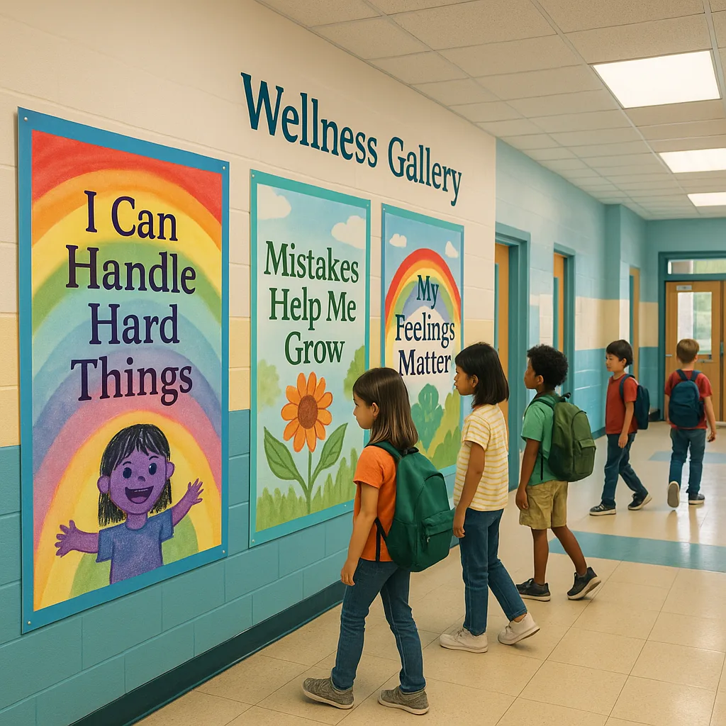 A elementary school hallway transformed into a wellness gallery. Multiple colorful posters created on a poster printer machine line the walls at child-height (3-4 feet). The posters feature A elementary school hallway transformed into a wellness gallery. Multiple colorful posters created on a poster printer machine line the walls at child-height (3-4 feet). The posters feature