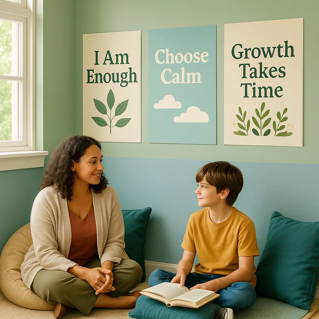 A serene classroom corner a comfortable reading nook soft sage green and sky blue walls. Large wellness posters calming affirmations in rounded, friendly fonts (Merriweather) are displayed at eye
