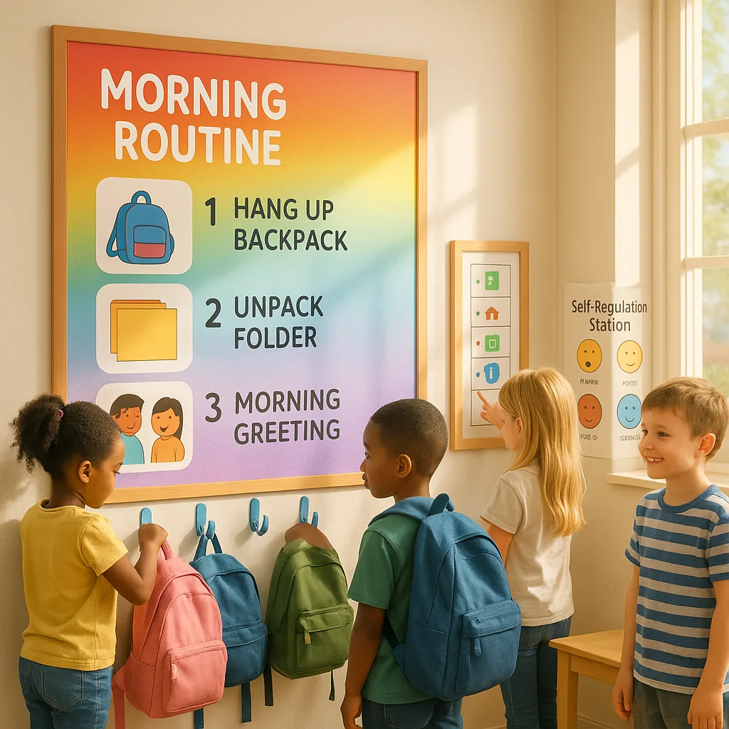 A bright, cheerful classroom scene the morning entry area of a first-grade classroom. Feature a large, colorful morning routine poster on the wall visual steps like hanging backpacks, unpacking