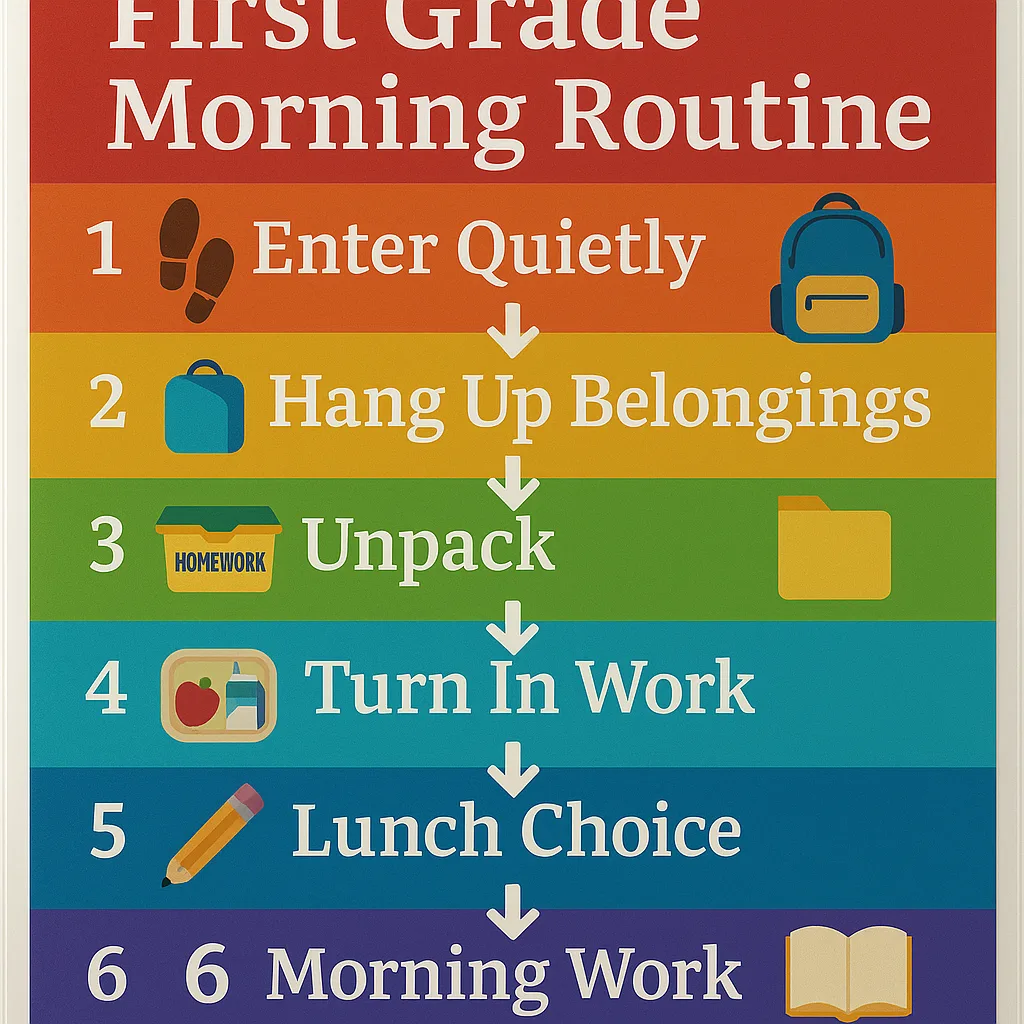 Design a close-up view of a morning routine poster for first graders. The poster should show 7 steps in a vertical layout colorful backgrounds for each step (use a rainbow gradient progression).