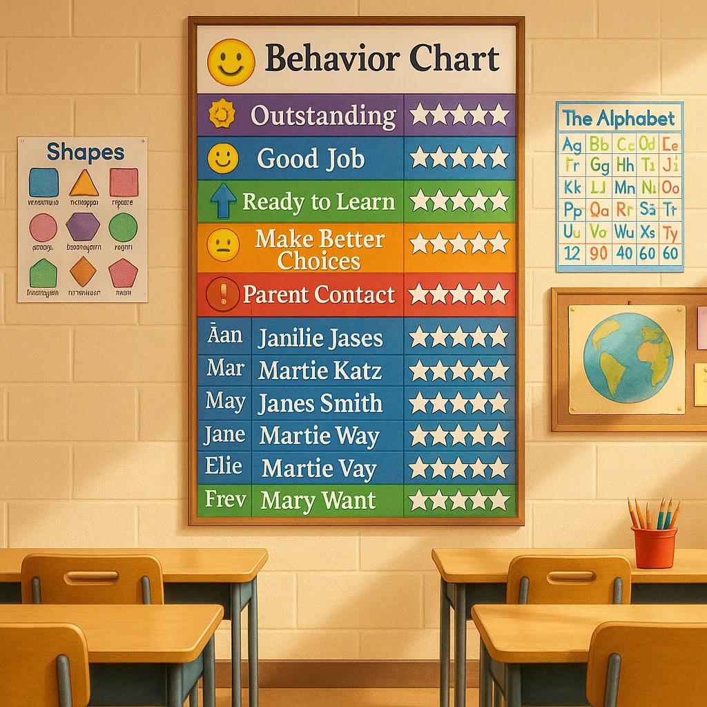 A bright, cheerful classroom scene photographed from a teacher's perspective a colorful behavior chart system on the wall. The chart should have rows for 25 student names star-shaped token spaces.