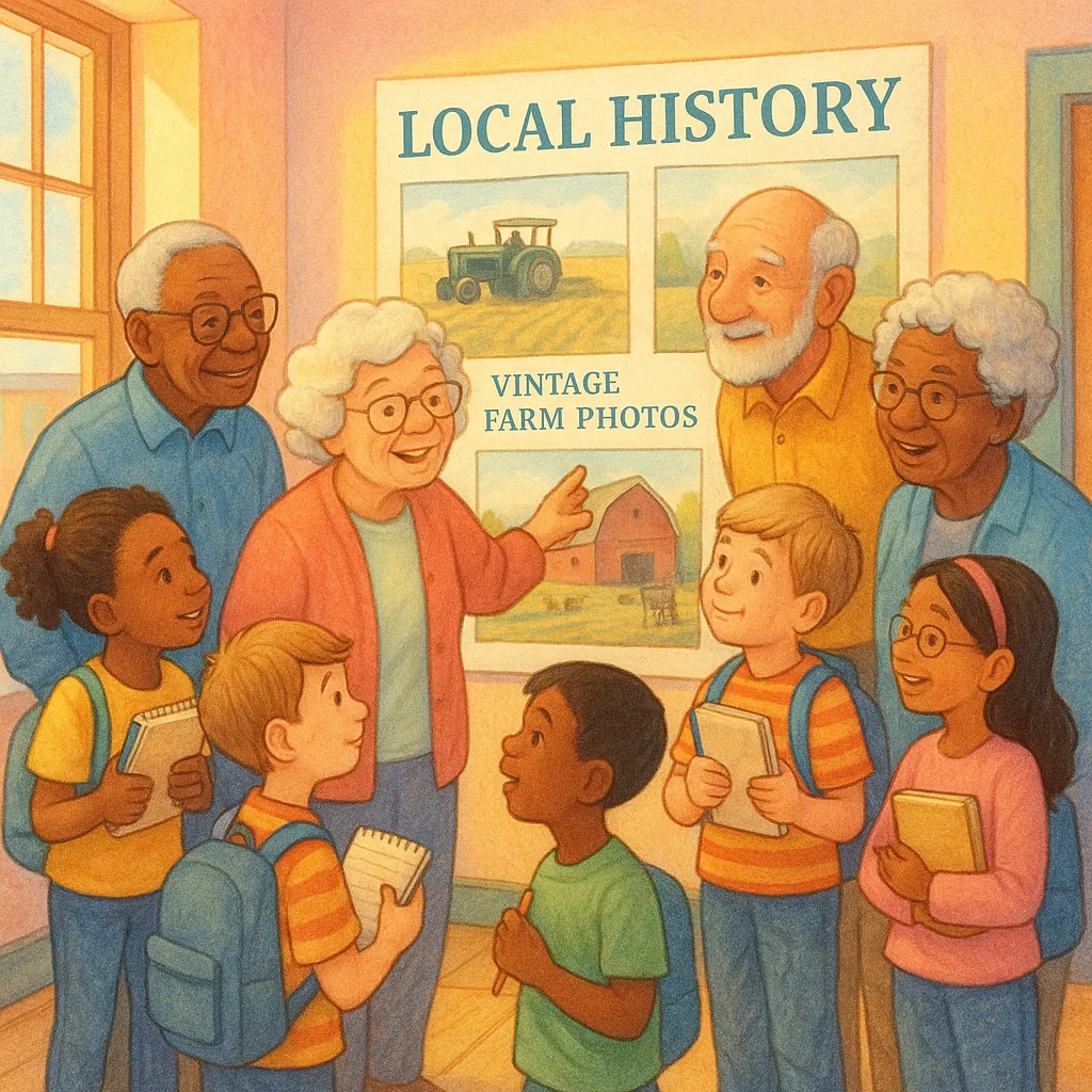 A bright, cheerful image a diverse group of elementary school children and elderly community members gathered around a large poster display in a rural school hallway. The poster shows vintage farm