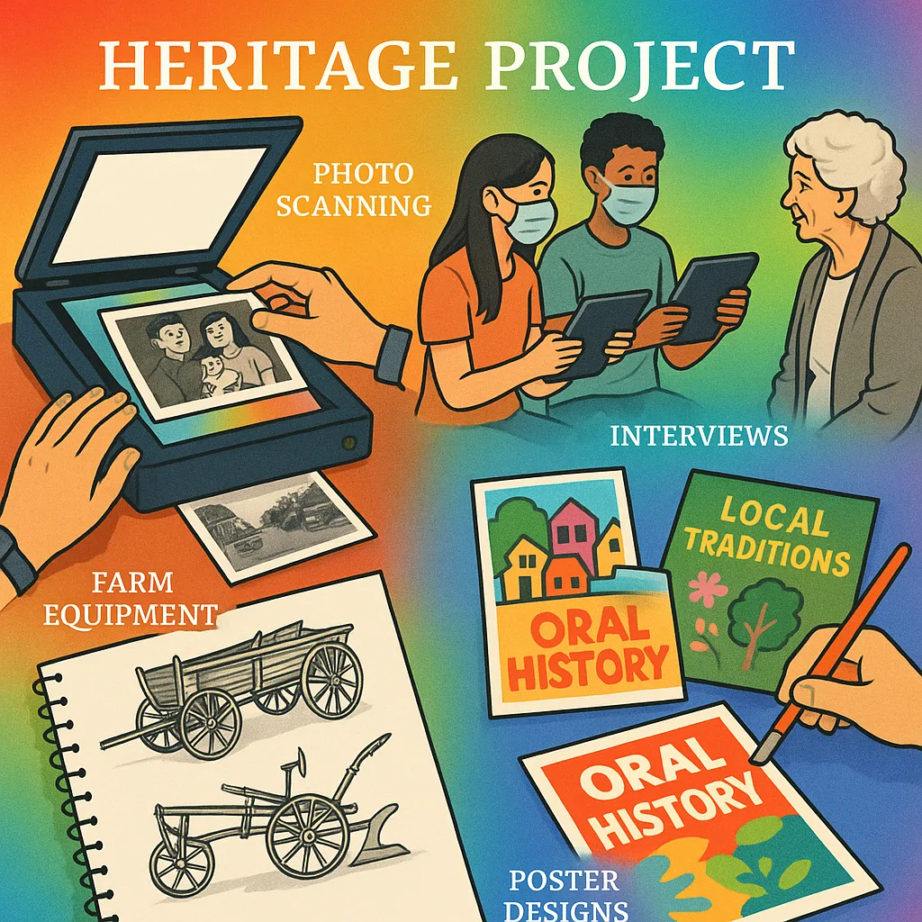 Design a collage-style image various heritage project elements: old black and white photos being scanned, students tablets conducting interviews, vintage farm equipment sketches, and colorful Design a collage-style image various heritage project elements: old black and white photos being scanned, students tablets conducting interviews, vintage farm equipment sketches, and colorful