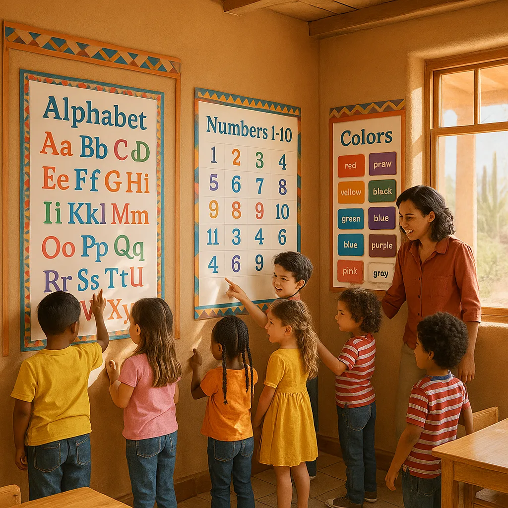 A bright, cheerful first-grade classroom in the Southwest adobe-colored walls large, colorful educational posters instead of digital screens. Show diverse young students (6-7 years old) actively