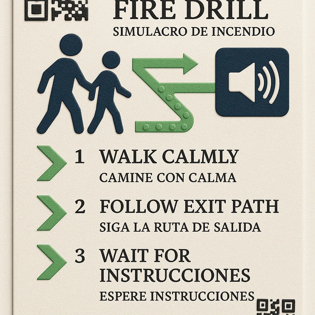 Design a close-up view of a multi-sensory safety poster fire drill procedures. The poster should feature: large pictograph symbols students walking calmly, color-coded exit paths in green,