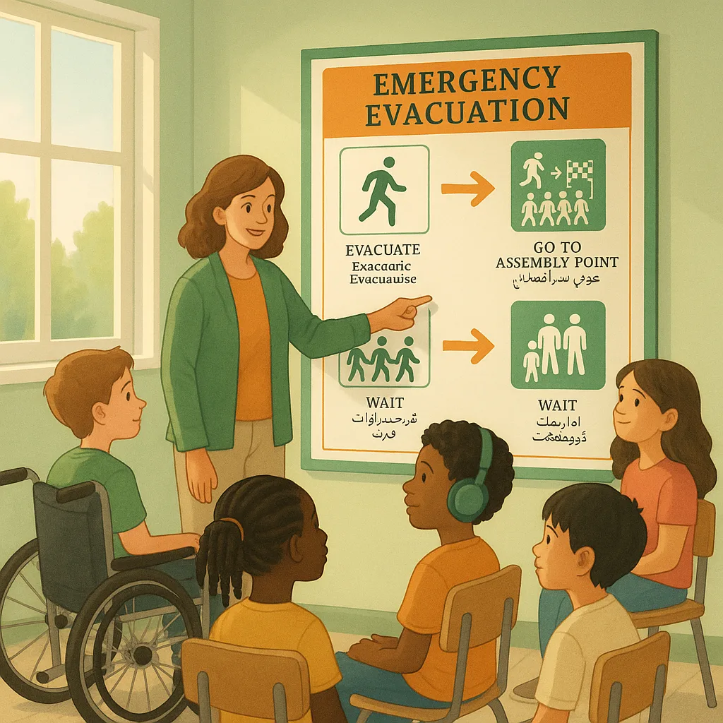 A bright, reassuring classroom scene diverse students (one in a wheelchair, one wearing headphones, and students of various ethnicities) calmly following a colorful, multi-sensory emergency