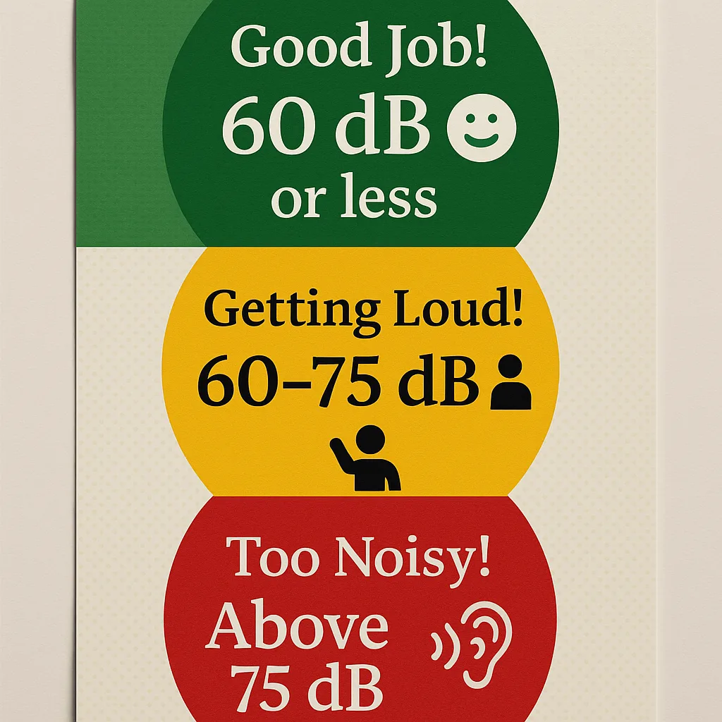 A close-up view of a traffic light noise management poster design. The poster should feature three large circles arranged vertically – green (top), yellow (middle), and red (bottom). Each circle Traffic light noise level system poster