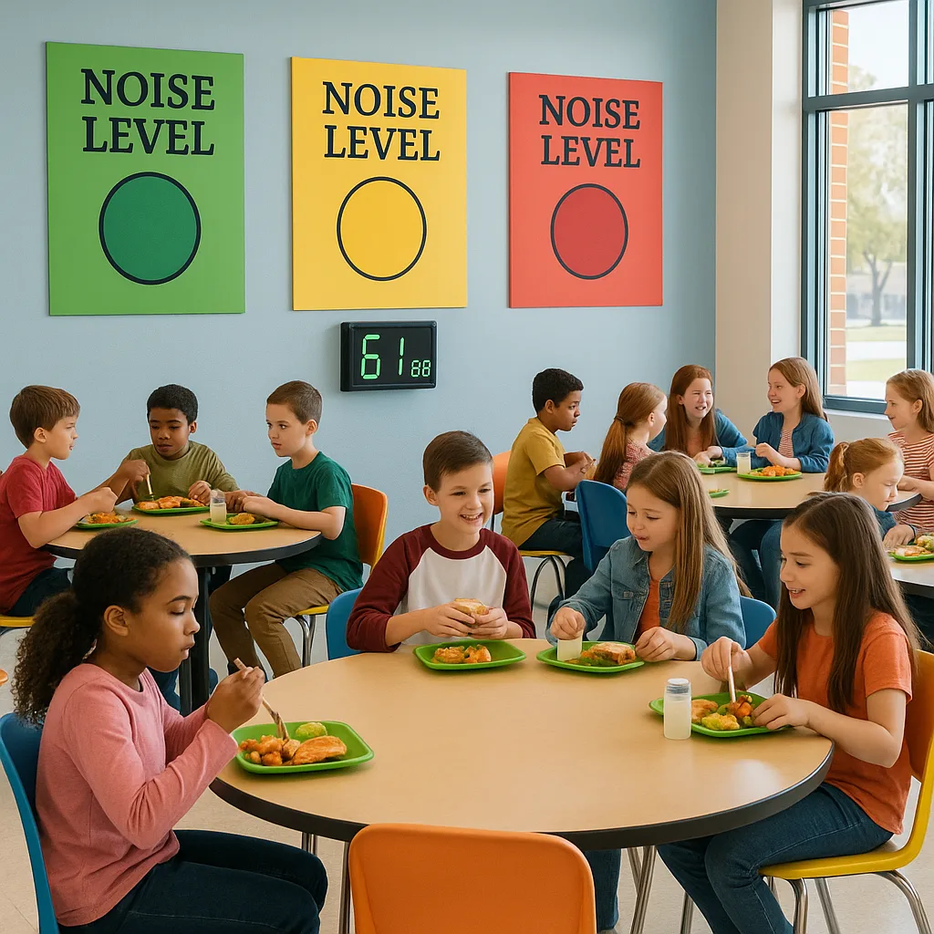 A vibrant, school cafeteria filled students eating lunch. On the walls, display large, colorful traffic light-style noise level posters (green, yellow, red zones clearly visible). Include a