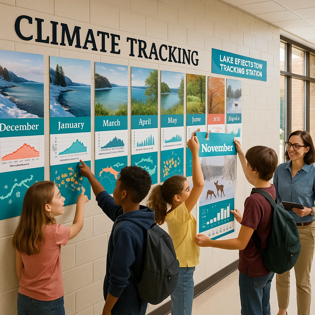 A vibrant, wide-angle photograph of a middle school hallway a spectacular 15-foot climate tracking wall display. The wall shows colorful monthly posters arranged in a timeline format, each