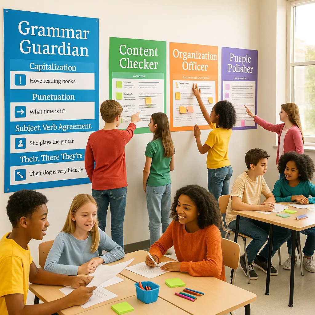 A vibrant, middle school classroom showcasing color-coded peer review stations. In the foreground, show a large blue "Grammar Guardian" poster visual grammar rules displayed on the wall. Students