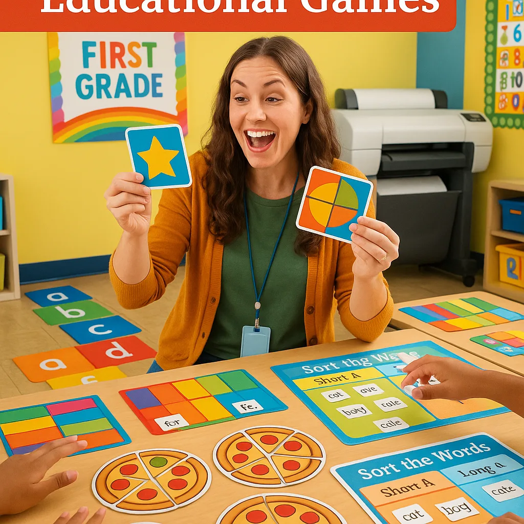 A bright, cheerful classroom scene a first-grade teacher enthusiastically holding up colorful laminated game pieces. She's surrounded by various laminated educational games spread on tables -