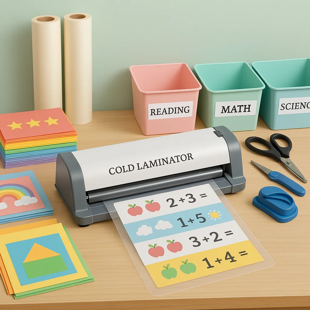 Design a well-organized teacher’s laminating station a cold laminator, stacks of colorful printed materials ready to laminate, rolls of laminating film, scissors, a corner rounder, and organized Design a well-organized teacher's laminating station a cold laminator, stacks of colorful printed materials ready to laminate, rolls of laminating film, scissors, a corner rounder, and organized