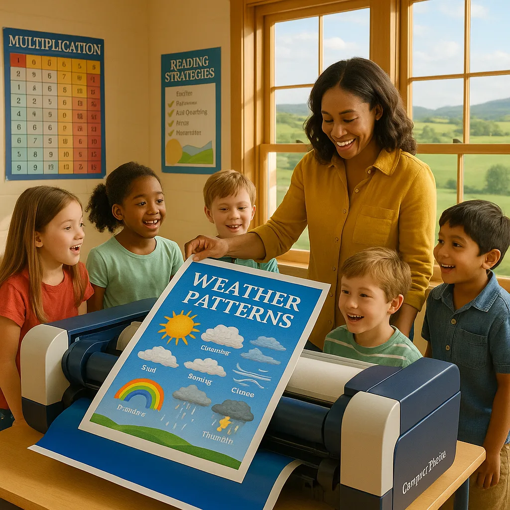 A vibrant, classroom scene in a rural school setting a teacher and diverse group of elementary students gathered around a large poster maker machine. The teacher is pulling out a colorful