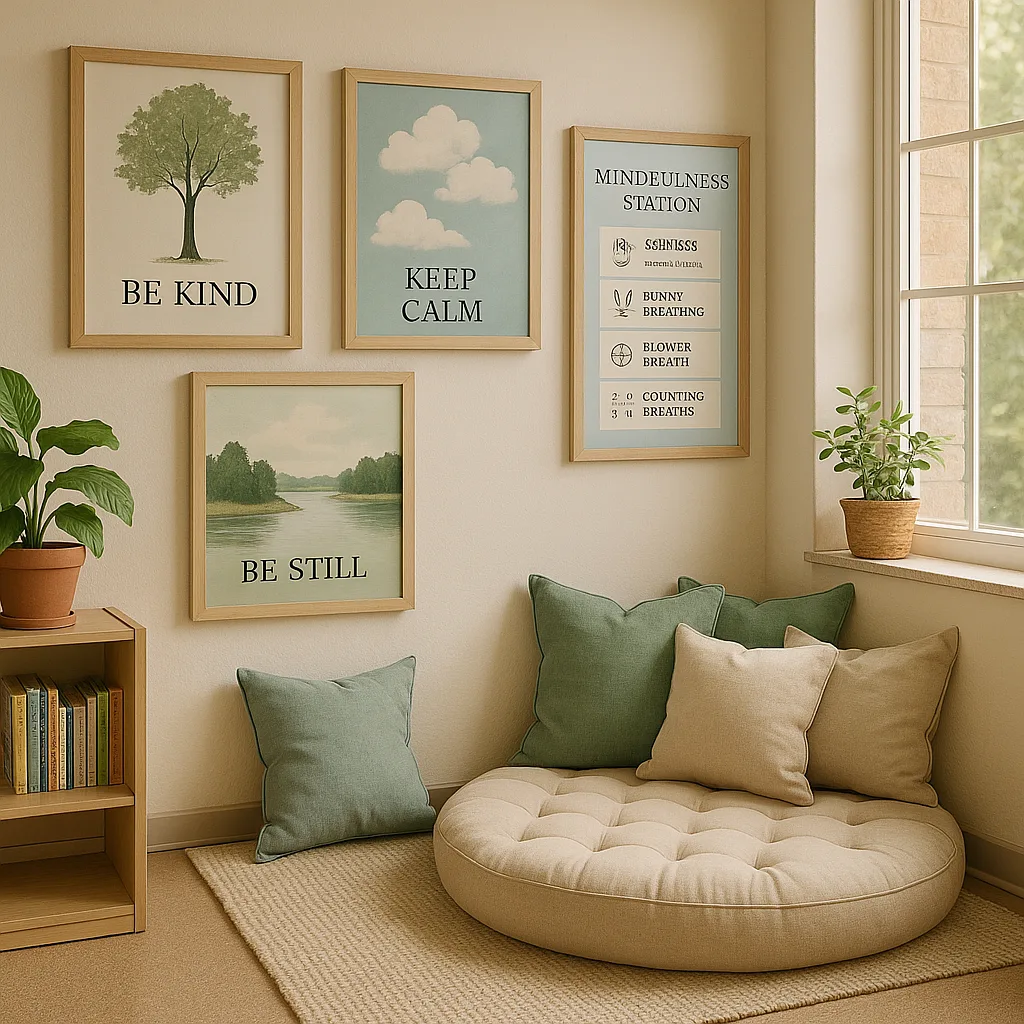 A serene, photorealistic classroom corner a comfortable reading nook soft sage green and powder blue calming posters on the walls. Show nature-inspired artwork trees, clouds, and gentle water