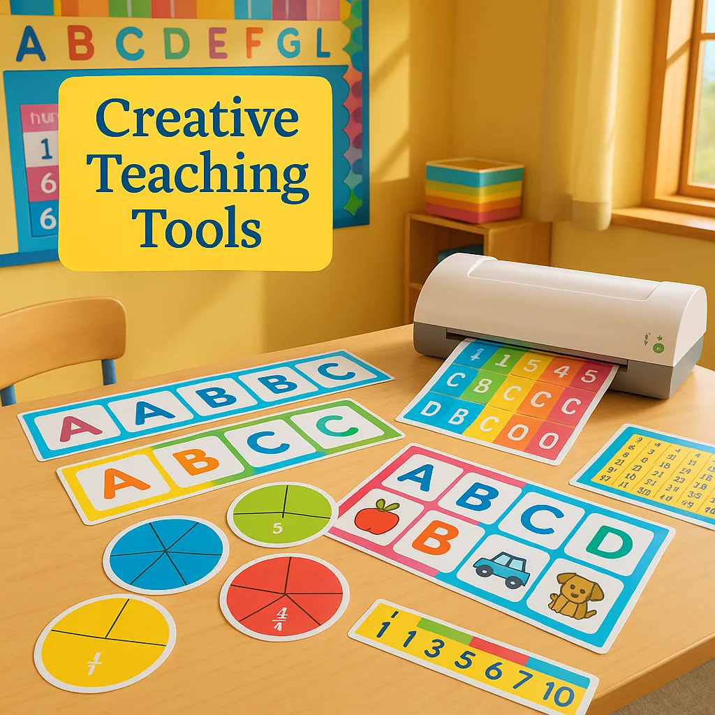 A bright, cheerful first-grade classroom corner a teacher's laminating station colorful laminated teaching materials spread across a table. Include laminated fraction circles, alphabet cards, and