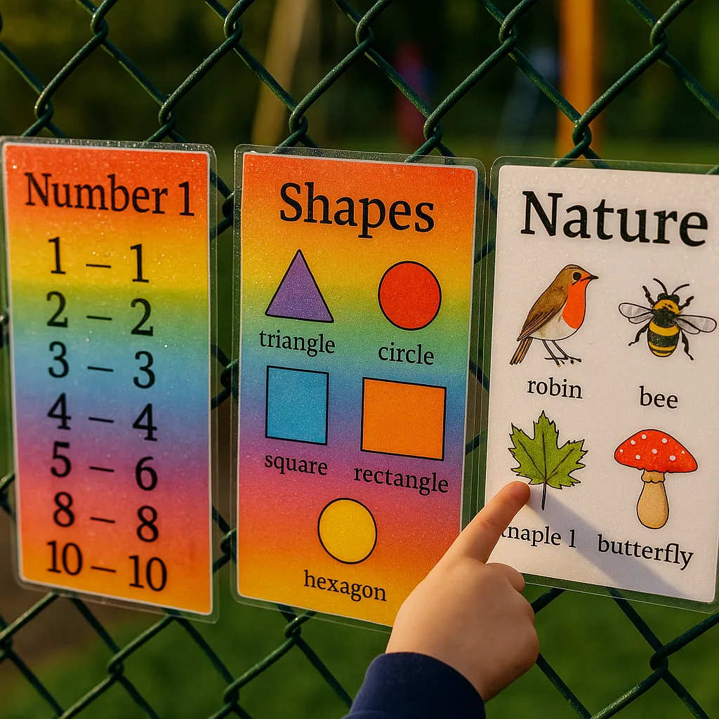 A close-up photograph of an outdoor learning station various weather-resistant posters in action. Display a mix of laminated educational materials a colorful number line, shape recognition chart, Colorful outdoor learning station with weather-resistant posters
