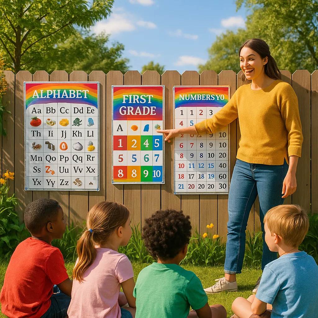A bright, cheerful outdoor classroom scene a first-grade teacher enthusiastically pointing to colorful weather-resistant educational posters mounted on an outdoor bulletin board. The scene shows a