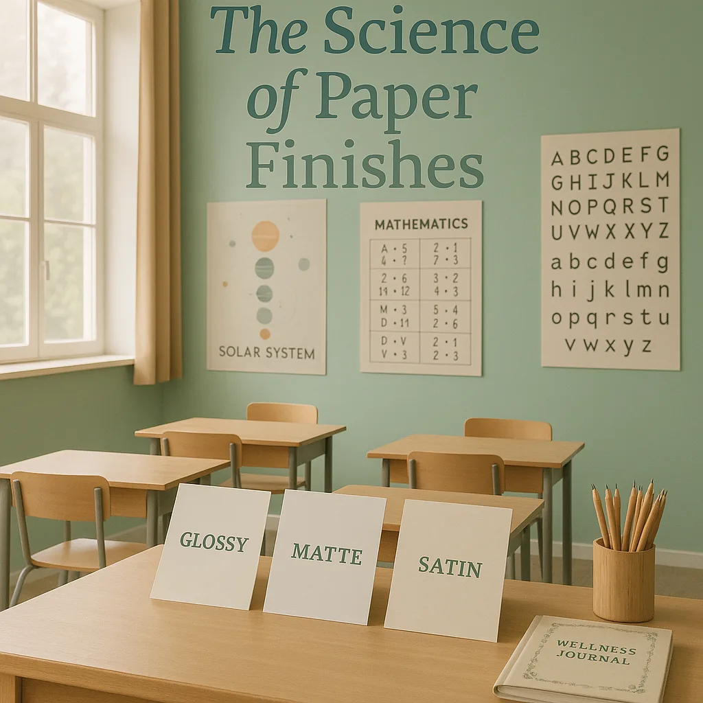 A serene classroom setting soft natural lighting filtering through windows, various educational posters different paper finishes (glossy, matte, and satin) displayed on calming sage green walls.