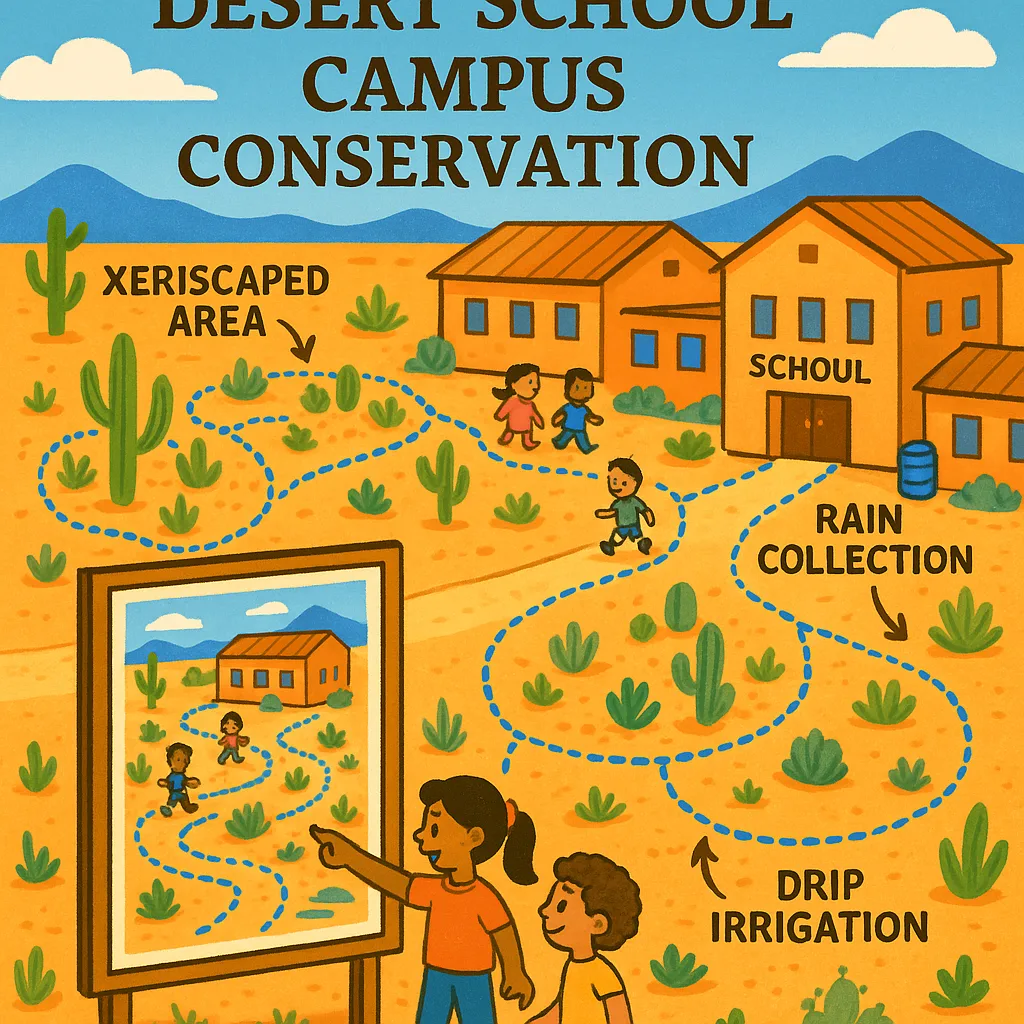 A bright, cheerful illustration in Merriweather font an aerial view of a desert school campus clearly marked xeriscaped areas in warm orange tones, blue dotted lines representing drip irrigation