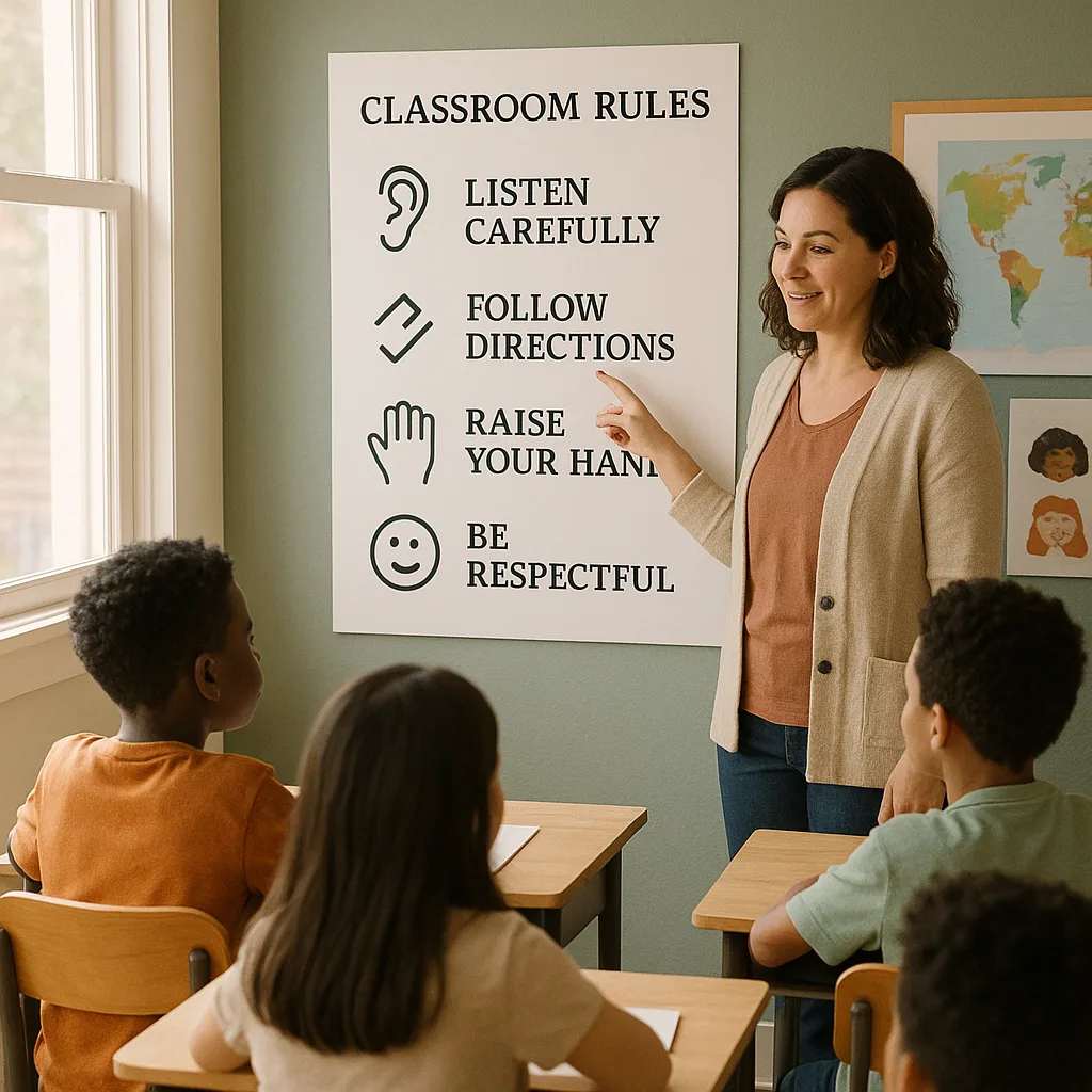A warm, calming classroom scene a teacher pointing to a large, well-designed educational poster clear fonts and organized layout. The poster should display simple icons, bold headings, and plenty