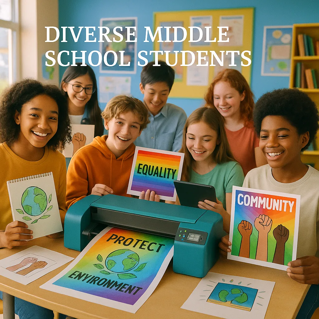 A vibrant, energetic classroom scene diverse middle school students (ages 11-14) working collaboratively on social justice poster designs. The image shows students gathered around a large poster