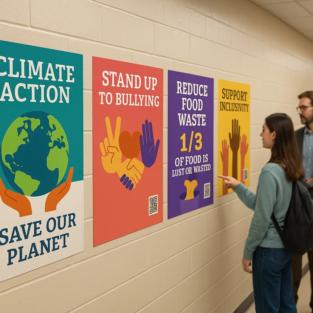 A view of student-created social justice posters displayed in a school hallway gallery walk setup. Show 4-5 different posters on topics like climate action (earth graphics), anti-bullying (unity A view of student-created social justice posters displayed in a school hallway gallery walk setup. Show 4-5 different posters on topics like climate action (earth graphics), anti-bullying (unity
