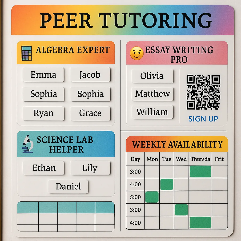 Design a close-up view of a beautifully organized peer tutoring scheduling board multiple colorful sections. Show subject expertise maps student names under topics like “Algebra Expert,” “Essay Design a close-up view of a beautifully organized peer tutoring scheduling board multiple colorful sections. Show subject expertise maps student names under topics like "Algebra Expert," "Essay